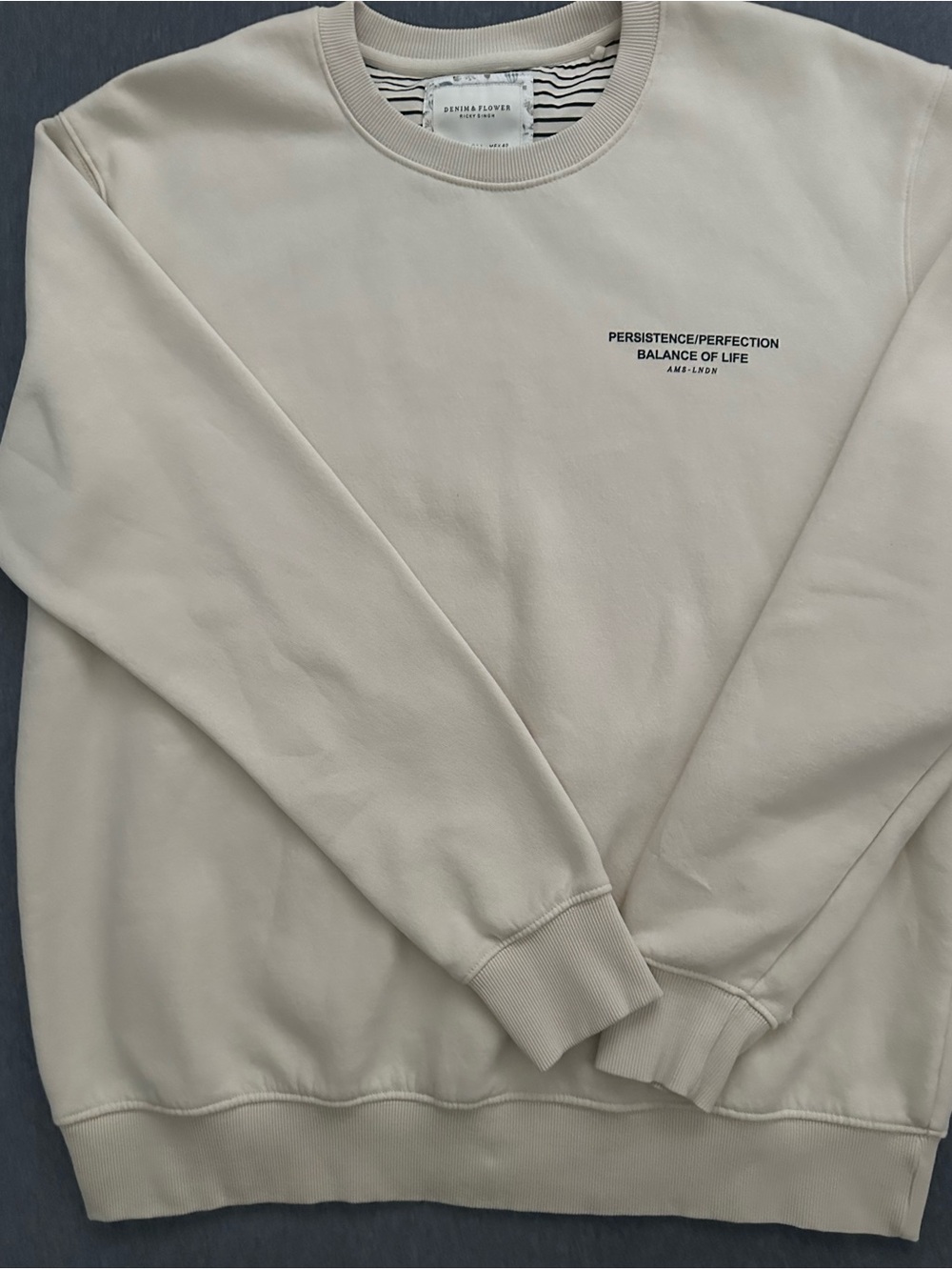 Denim & Flower Men's Cream Crewneck Sweatshirt with Chest Text